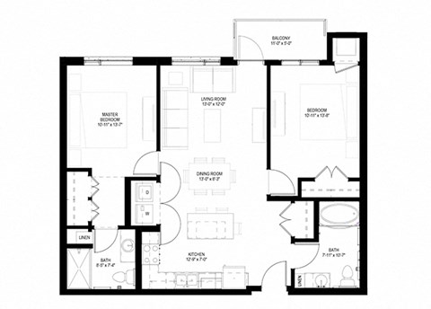 Floor plan for 2 beds, 2 baths, 1050 sqft